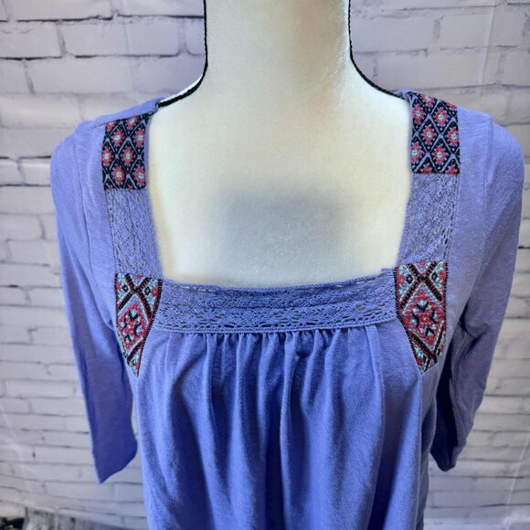 Mudd Boho Embroidered Square Neck Tunic Top | Lilac Purple Peasant Style Blouse - Picture 2 of 9